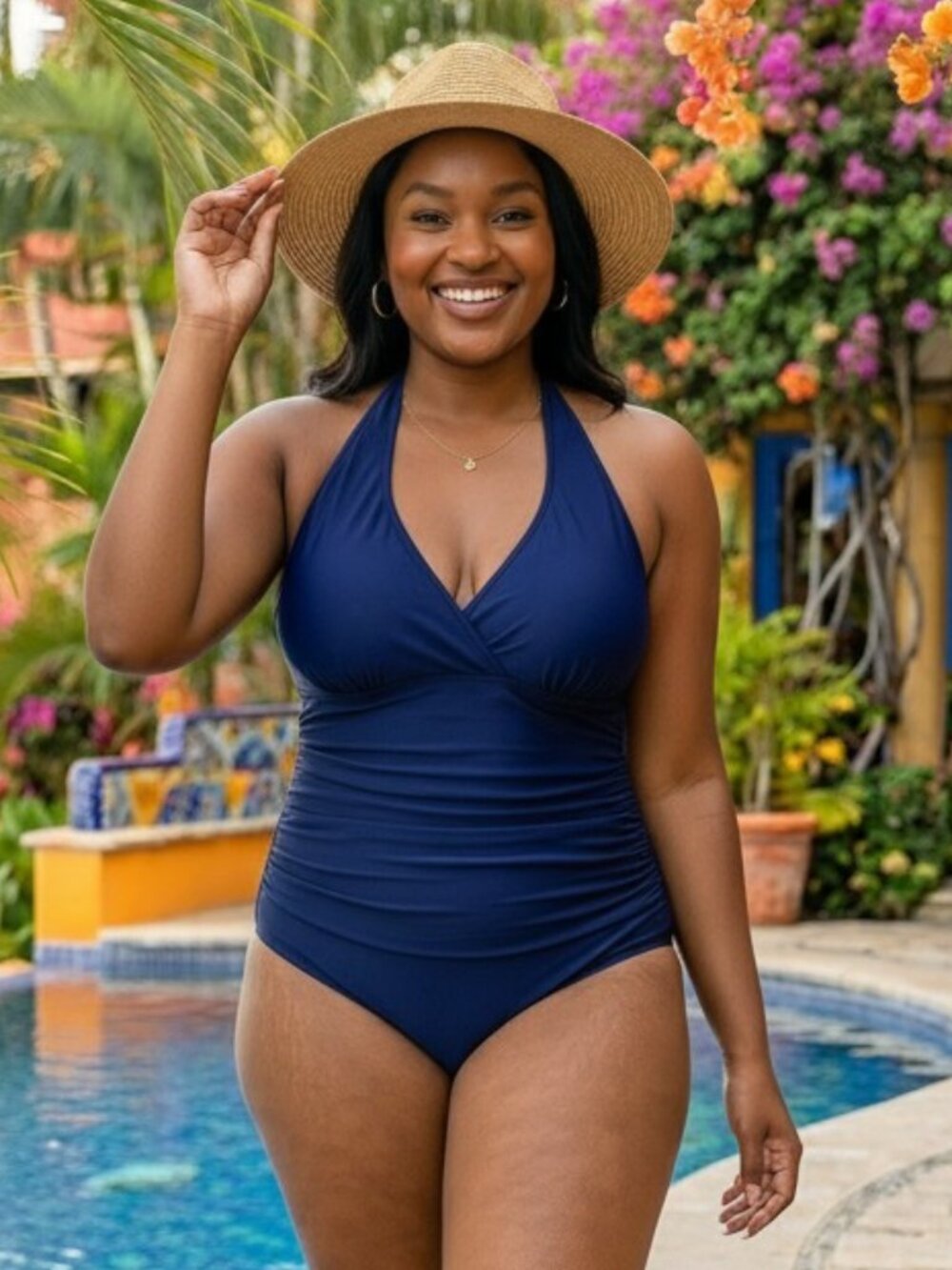 Plus Size Halter Wrap Swimsuit Navy Blue Ruched Tummy Control 1X Coastal Resort